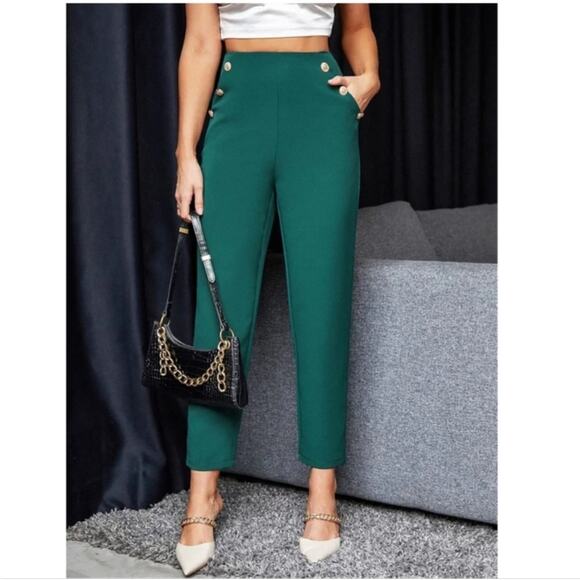 Zara Green High Rise Tapered Trouser Pants w Gold Button Accent Detail Size XS - Picture 7 of 14